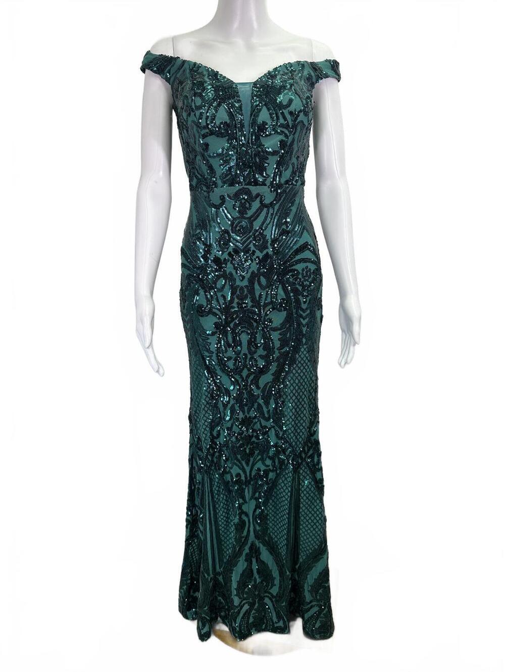 Sz 4 Windsor Emerald Green Dress Sequin Formal Off-the-Shoulder Gown Maxi